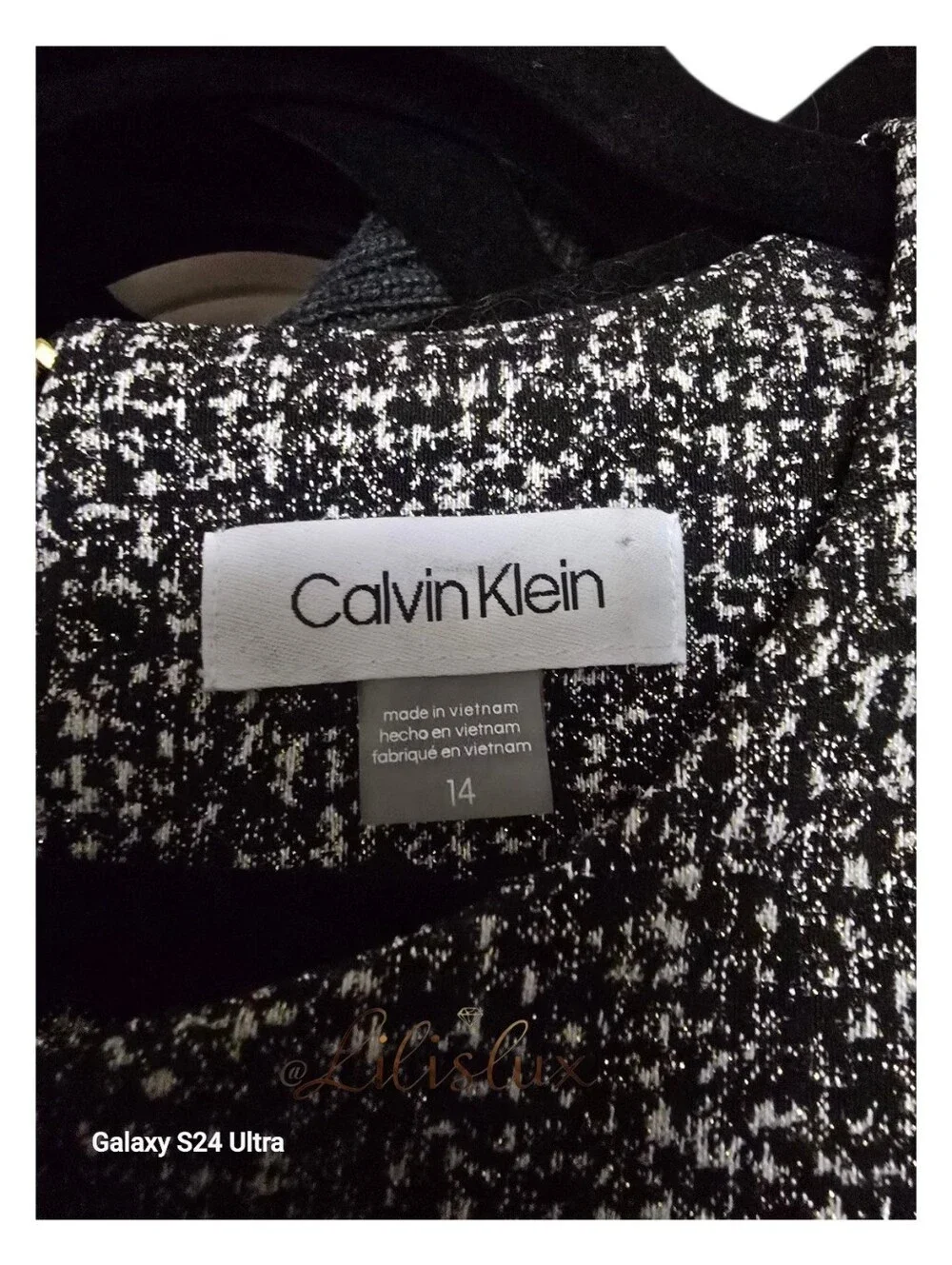 Calvin Klein Black White And Gold Tweed Sheath Dress Knee Length Size 14 GUC
